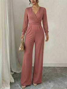 Enterizo Elegante de Pierna Ancha con Mangas de Malla y Puños con Perlas - Ideal para Fiestas de Noche y Navidad - Rosa vieja - Ver 3