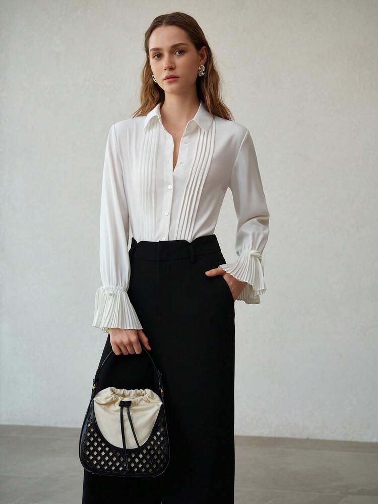 WOMEN'S SOLID COLOR PLEATED CUFF CASUAL BLOUSE