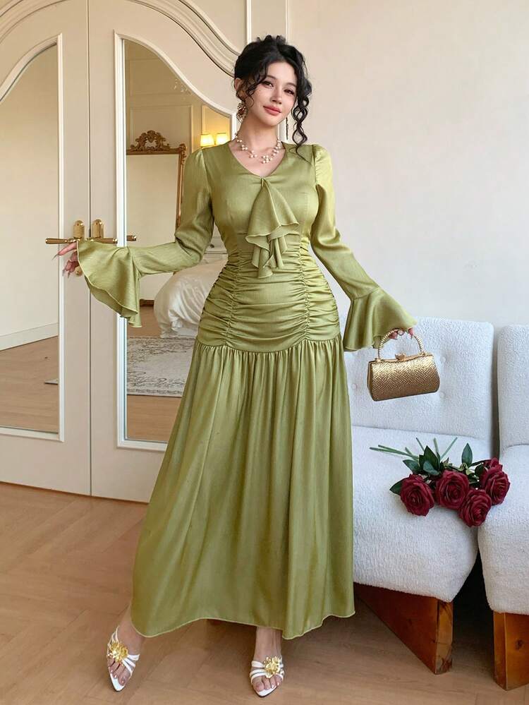 Olive Green,Autumn,Elegant,Dining Flare Sleeve Tie Collar Pleated Formal Dress,Slim Fit Ruffle Hem Patchwork Long Wedding Guest Dress For Women,Party