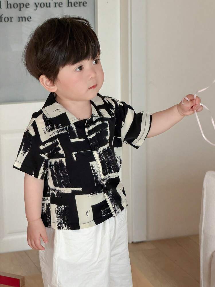 Toddler Boys' Turndown Collar Plaid Korean Style Casual Summer Vacation Shirt