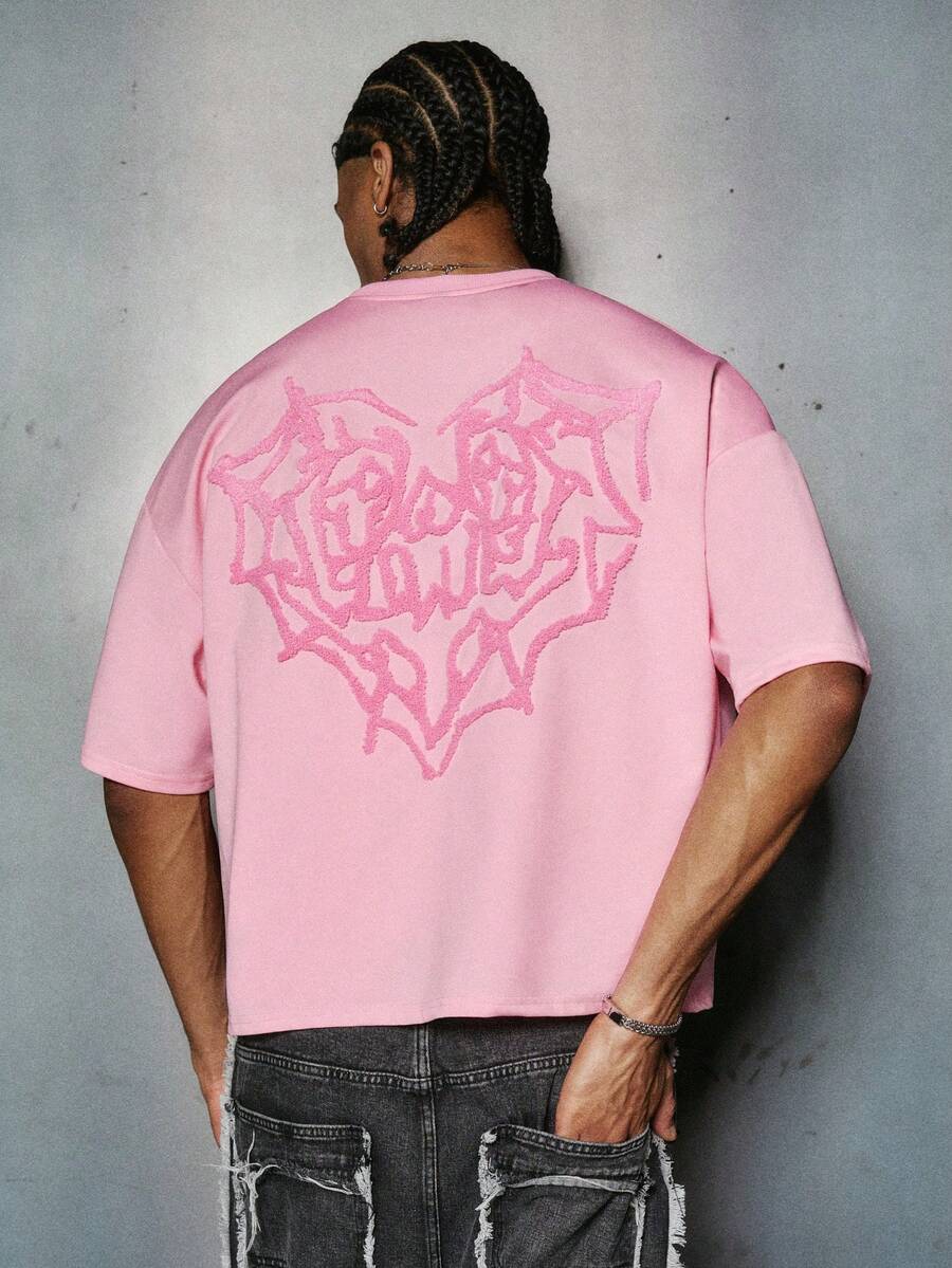 PAVTROS 男士街头风流行INS风蜘蛛网3D刺绣户外音乐节夜店酒吧男友老公礼物周年纪念礼物粉色T恤 - 粉色 - 查看 1