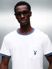 PLAYBOY X SUMWON Men Logo Contrast Trim Short Sleeve Crew Neck Pocket Tee Casual Cotton Regular Fit Summer Spring T-Shirt - White - View 1