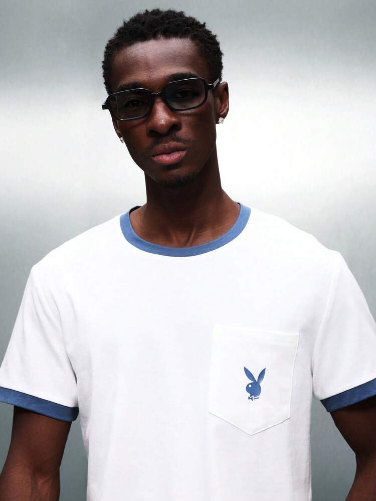 PLAYBOY X SUMWON T-shirt col rond à manches courtes avec poche, coupe décontractée, en coton, pour l'été et le printemps