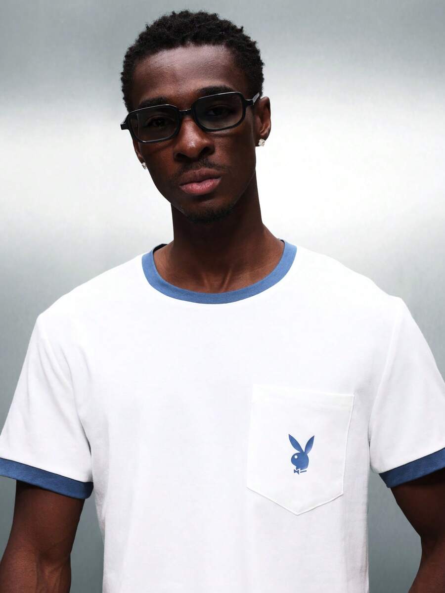 PLAYBOY X SUMWON Men Logo Contrast Trim Short Sleeve Crew Neck Pocket Tee Casual Cotton Regular Fit Summer Spring T-Shirt - White - View 1