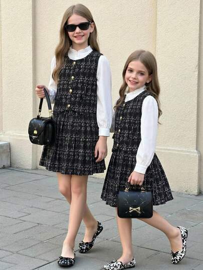 SHEIN Tween Girl Elegant Solid Color Shirt, Vest And Pleated Skirt Set