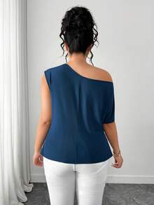 Elenzga Plus Size Women Floral Decor Oblique Shoulder Fashionable Vintage Elegant Casual Date Holiday Blouse - Blue - View 2