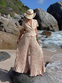 DAZY Women's Elegant Floral Print Suit Jacket And Pleated Long Pants Set, Spring/Summer,Wedding Guest Dress Women - Apricot - View 6