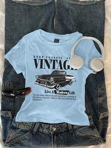 Attitoon Áo thun nữ tay ngắn cổ tròn dáng ôm, in hình xe hơi cổ điển, thích hợp cho mùa hè. - Màu xanh nhạt - Xem 1