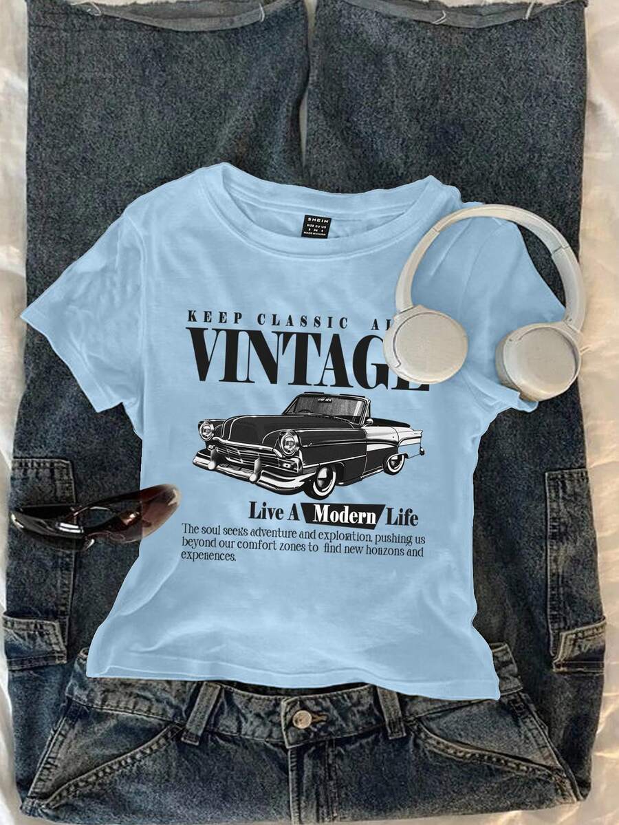 Attitoon Áo thun nữ tay ngắn cổ tròn dáng ôm, in hình xe hơi cổ điển, thích hợp cho mùa hè. - Màu xanh nhạt - Xem 1