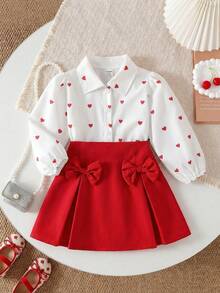 SHEIN 2pcs Baby Girls Unisex Infant Toddler 0-3 Years Spring/Autumn White Long Sleeve Heart Print Accent Cardigan Paired With Red Bow Accent Skirt Set, Suitable For Outings, Home Photoshoot, Gatherings With Friends/Family, Birthday Parties,Baby Girls Clothes,Girls Outfit Sets,Valentine'S Day Outfit,Red Heart-Patterned Suit, Heart-Patterned Shirt, Bright Red Skirt,Toddler  Girls Outfit Sets,Baby Girl'S White Heart-Shaped Shirt