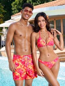 Manfinity VDAYZ 男士印花抽绳腰带沙滩短裤，夏季 - 紅色 - 查看 4