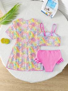 Young Girl Leopard Print Swimsuit Set With Kimono Cover-Up