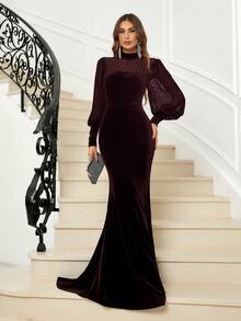 SHEIN Belle Đầm dạ hội sang trọng dành cho nữ, cổ tàu, tay phồng, đuôi cá, kẻ sọc (đính kèm nhiều họa tiết) - Cà phê nâu - Xem 3