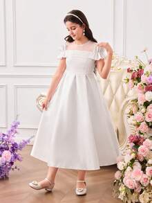 少女優雅長款公主禮服，白色夏季婚禮小伴娘緞面洋裝，網紗領口，正式教堂端莊派對長裙 - 白色 - 查看 6