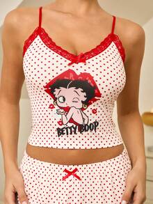 Betty Boop x SHEIN Women's Summer Lace Polka Dot Camisole Top And Shorts Pajama Set Sleep Wear Women 2 Piece Set Pajama Sets Women Womens Pajama Shorts Set - Apricot - View 5