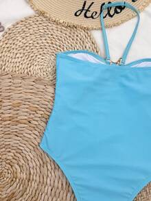 SHEIN 女童浅蓝色星星图案挂脖连体泳衣