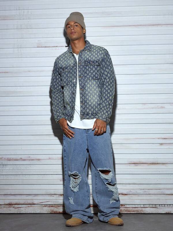 Modcrash Men's Retro Street Fashion American Style Long Sleeve Denim Jacket, Niche , Fall