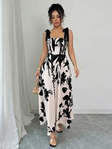 Elenzga 女士杏色底黑色花卉拼接无袖连衣裙，腰部收褶，裙摆呈喇叭形，优雅休闲度假风，适合狂欢节、劳动节、复活节、海滩、花园、旅行、春夏等场合。 - 彩色 - 查看 7