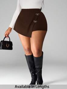 SHEIN PETITE CURVE 大码女式不对称蝴蝶结水钻装饰情人节黑色爱心/恋人基本款短裤 - 咖啡棕 - 查看 1