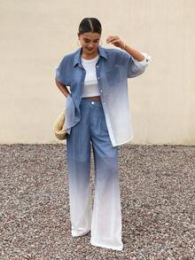 Livesso 春夏扎染宽松休闲街头风度假沙滩雪纺开衫衬衫和直筒裤两件套女装 - 藍色 - 查看 1