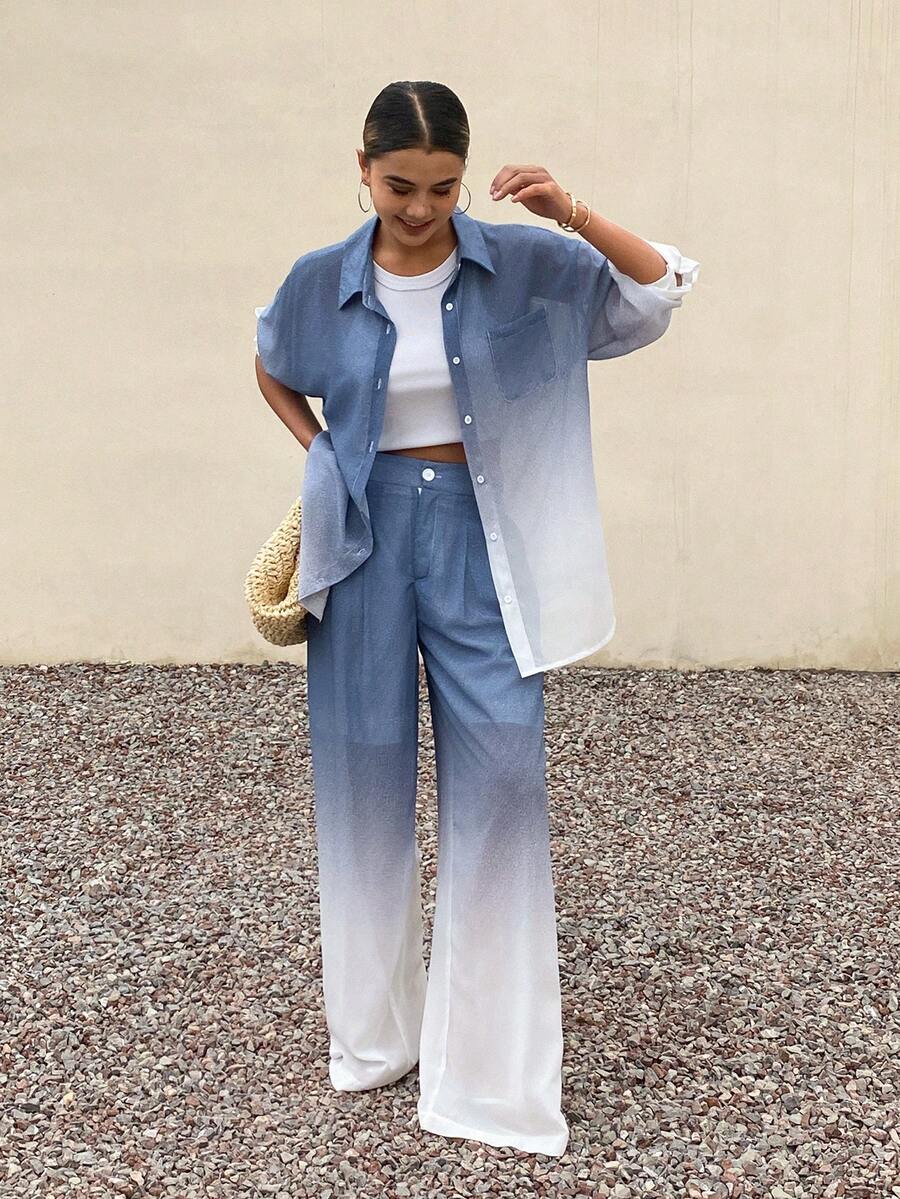 Livesso 春夏扎染宽松休闲街头风度假沙滩雪纺开衫衬衫和直筒裤两件套女装 - 藍色 - 查看 1