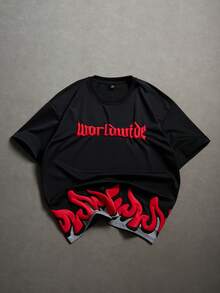 PAVTROS 男士休闲时尚街头字母压纹短袖黑色T恤，夏季宽松火焰图案T恤，男士宽松印花T恤，黑红印花T恤，男士印花衬衫 - 黑色 - 查看 1