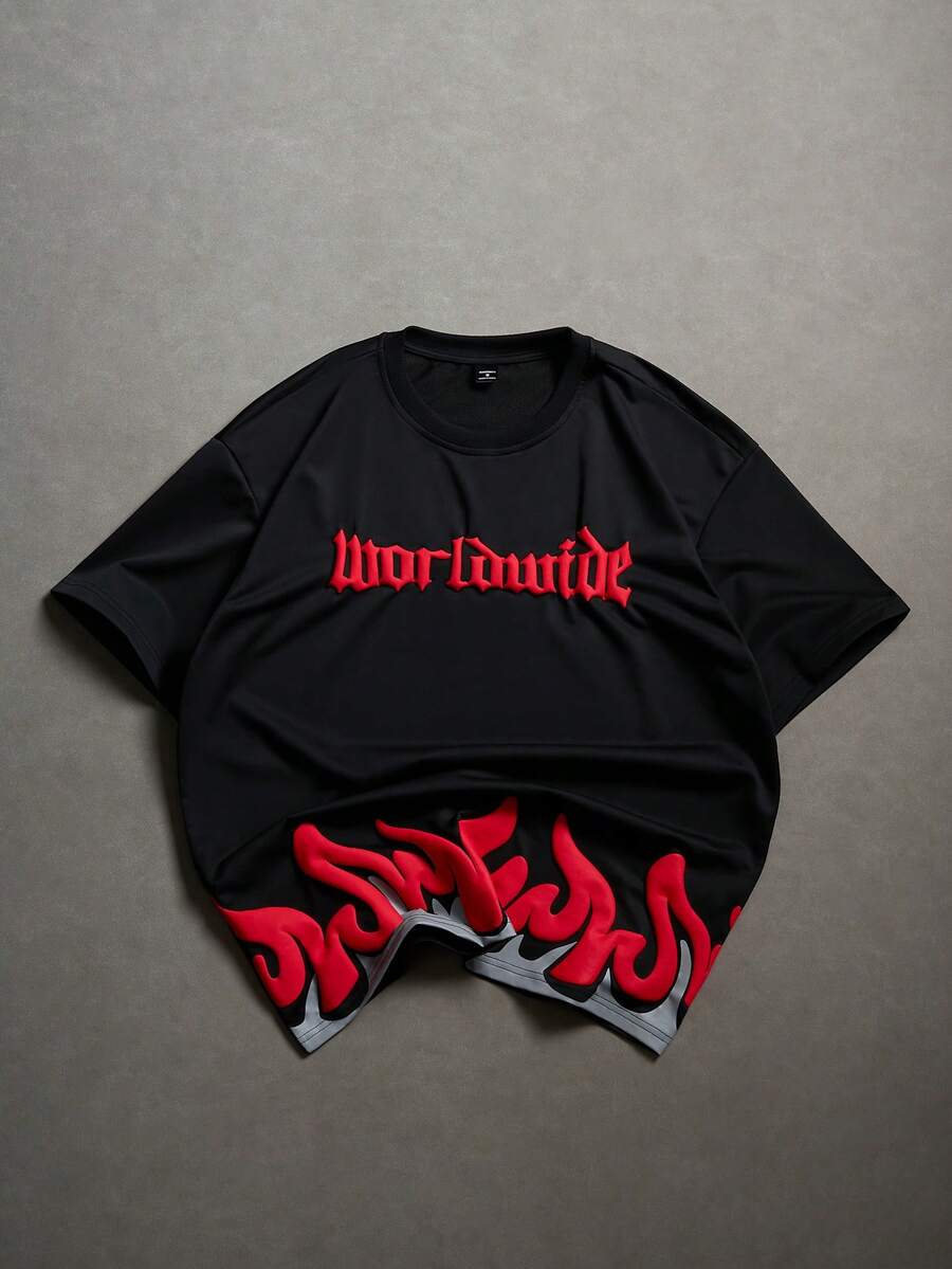 PAVTROS 男士休闲时尚街头字母压纹短袖黑色T恤，夏季宽松火焰图案T恤，男士宽松印花T恤，黑红印花T恤，男士印花衬衫 - 黑色 - 查看 1