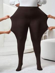 SHEIN CURVE+ 加大码黑色网眼保暖打底裤，秋冬季 - 棕色 - 查看 8