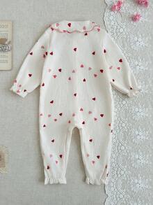 SHEIN Baby Girl 1pc/Cute And Casual Long-Sleeved Jumpsuit With Asymmetric Embroidered Collar And Textured Woven Heart Pattern For Baby Girls - Apricot - View 6