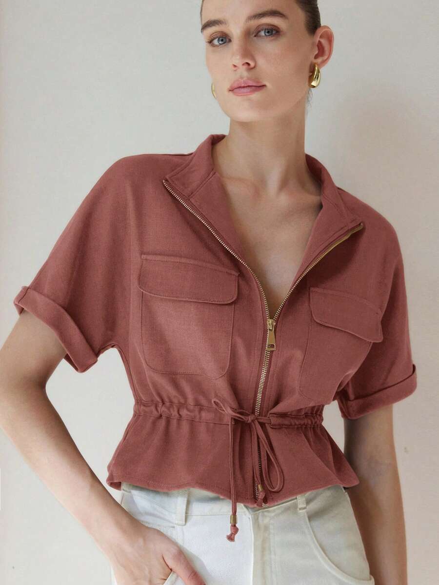 Aveloria Modichic Fashionable Short Utility Shirt, With Two Symmetrical Chest Pockets, Cinched Waist Design, Overall Neat And Practical - Pink - View 1