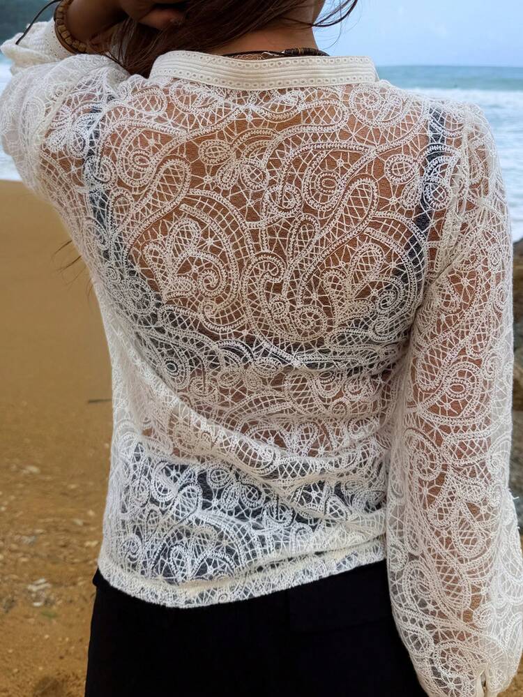 French Hollow-Out Lace Blouse, Elegant And Unique Women's Top Long Sleeve