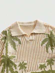 ROMWE MEN 空心棕榈树钩针编织Polo领短袖针织上衣，休闲轻松的夏季度假风 - 杏色 - 查看 2