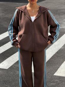 Muchica Sudadera con capucha de punto casual con cremallera delantera, de manga larga y hombros caídos, a rayas, en color marrón, para mujer