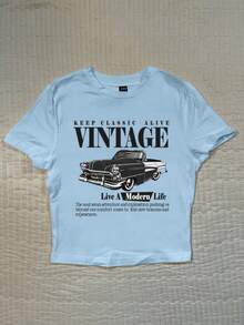 Attitoon Áo thun nữ tay ngắn cổ tròn dáng ôm, in hình xe hơi cổ điển, thích hợp cho mùa hè. - Màu xanh nhạt - Xem 6