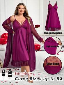 SHEIN CURVE+ 加大码/情人节/优雅纯色蕾丝拼接吊带连衣裙及睡袍套装 - 酒紅色 - 查看 1