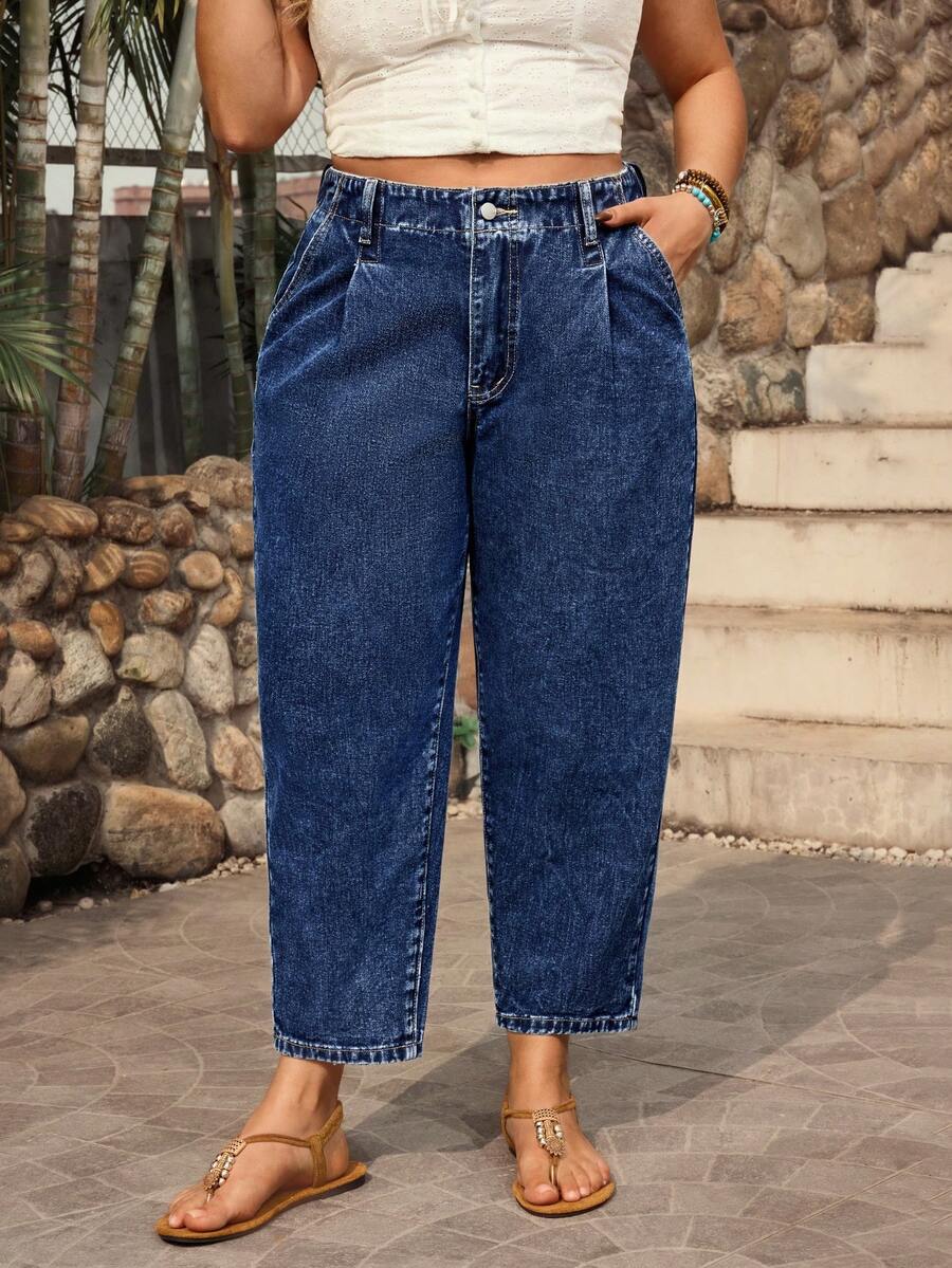 SHEIN CURVE+ Quần jean denim không co giãn, kiểu dáng thường ngày, dành cho nữ cỡ lớn. - Rửa tối - Xem 1