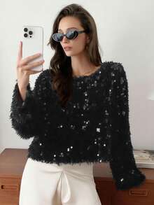 Elyressa 1pc Fashionable Fluffy Sequin European Design Loose Relaxed Fit Crew Neck Pullover Sweater, Cropped Soft & Cozy Elegant Women Winter - Black - View 7