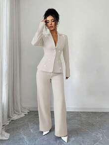 Elenzga Bộ vest thanh lịch dành cho nữ có cổ ve, tay dài, đính ngọc trai, áo suông và quần ống đứng - Màu be - Xem 5