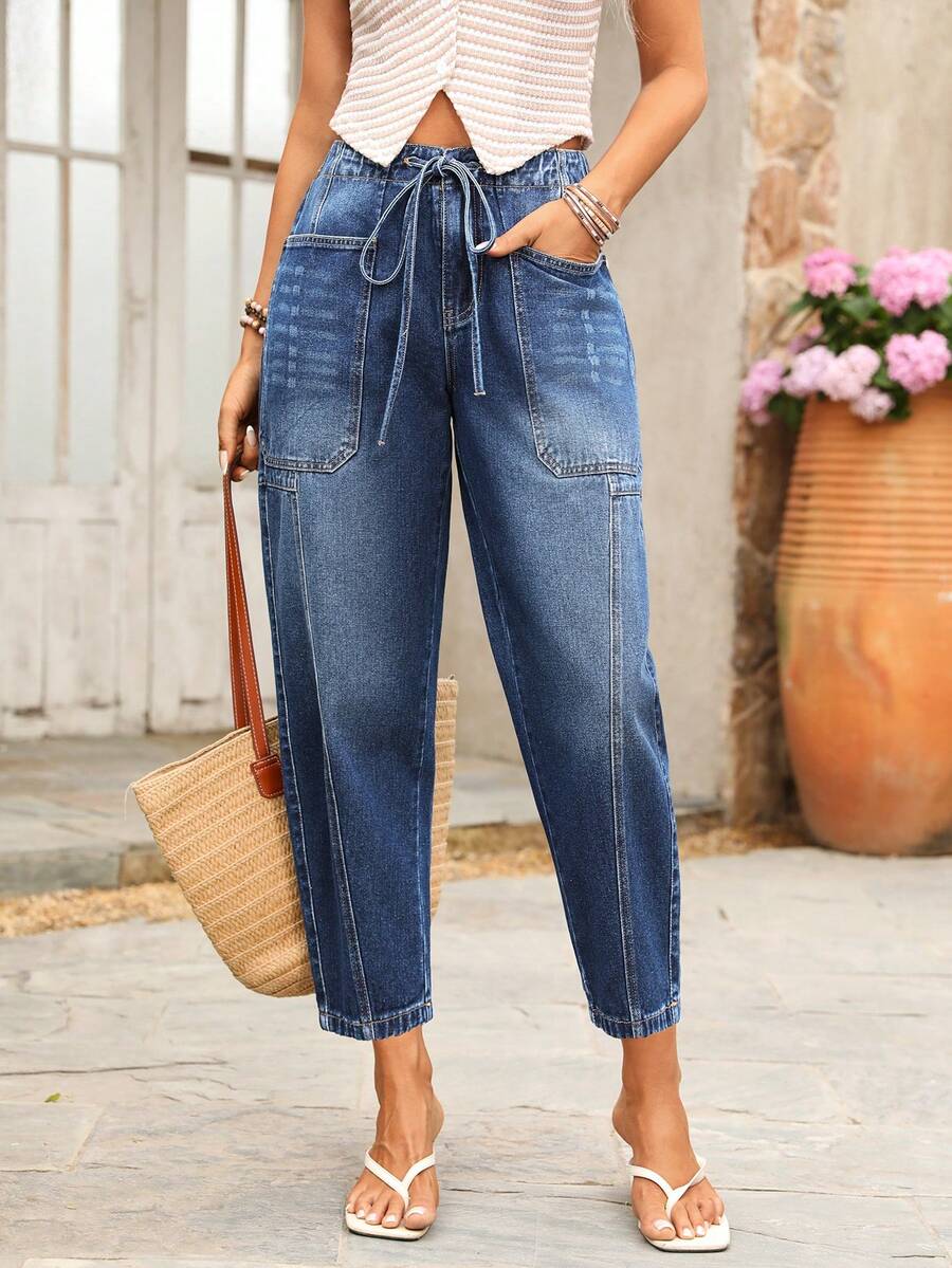 Breezaya Women's Casual Vacation Style Drawstring Multi-Pocket Design Denim Cropped Pants - Medium Wash - View 1