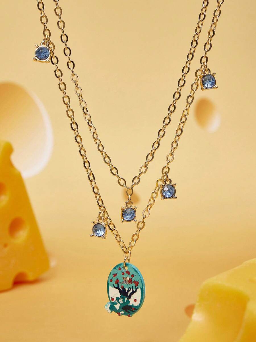TOM & JERRY X SHEIN 1pc Fashionable Zinc Alloy Chain Necklace, Cute Cartoon Pattern Printed Rhinestone Pendant Necklace, Luxury Niche, Casual Adorable, Suitable For Party, Concert, Festival - Gold - View 1
