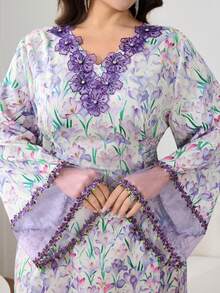 Al Najma Plus Size Women Floral Print V-Neck Long Sleeve Elegant Dress - Multicolor - View 1