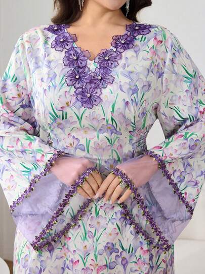 Al Najma Plus Size Women Floral Print V-Neck Long Sleeve Elegant Dress