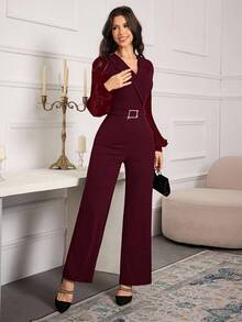 Modelyn Women's Solid Color V-Neck Rhinestone Decor Pleated Jumpsuit With Lantern Sleeves, Fashionable For Dates And Outings - Burgundy - View 6