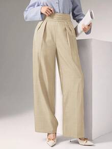 Heiryn Pleated High Waist Elegant Commuter Wide Leg Pants In Fall/Winter - Khaki - View 3