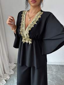 SHEIN Elenzya 女士优雅V领蕾丝拼接露肩袖上衣搭配纯色阔腿裤两件套，春秋季 - 黑色 - 查看 7