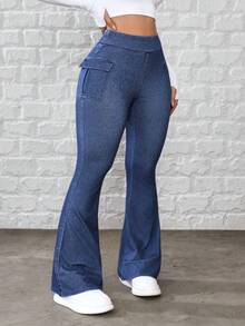 Flexra Women's Casual Washed Slim Fit Flare Cargo Jeans - Blue - View 4