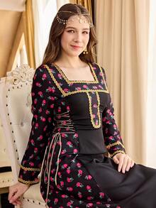 Vestito lungo a-line in tessuto lavorato con scollo quadrato, decorazione in nastro metallico e motivo floreale ditsy, adatto per ragazze adolescenti in vacanza, colore nero - nero - Visualizzare 4