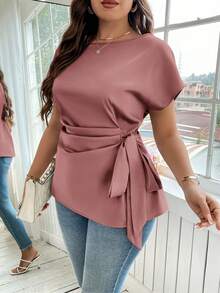 Reflora Cămașă de vară elegantă, casual, cu mânecă tip liliac și nod lateral, mărime plus - Roz Coral - Vizualizare 6