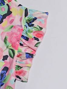 SHEIN Franclia 花卉印花装饰，浪漫假日度假风格女士V领荷叶袖衬衫 - 彩色 - 查看 5