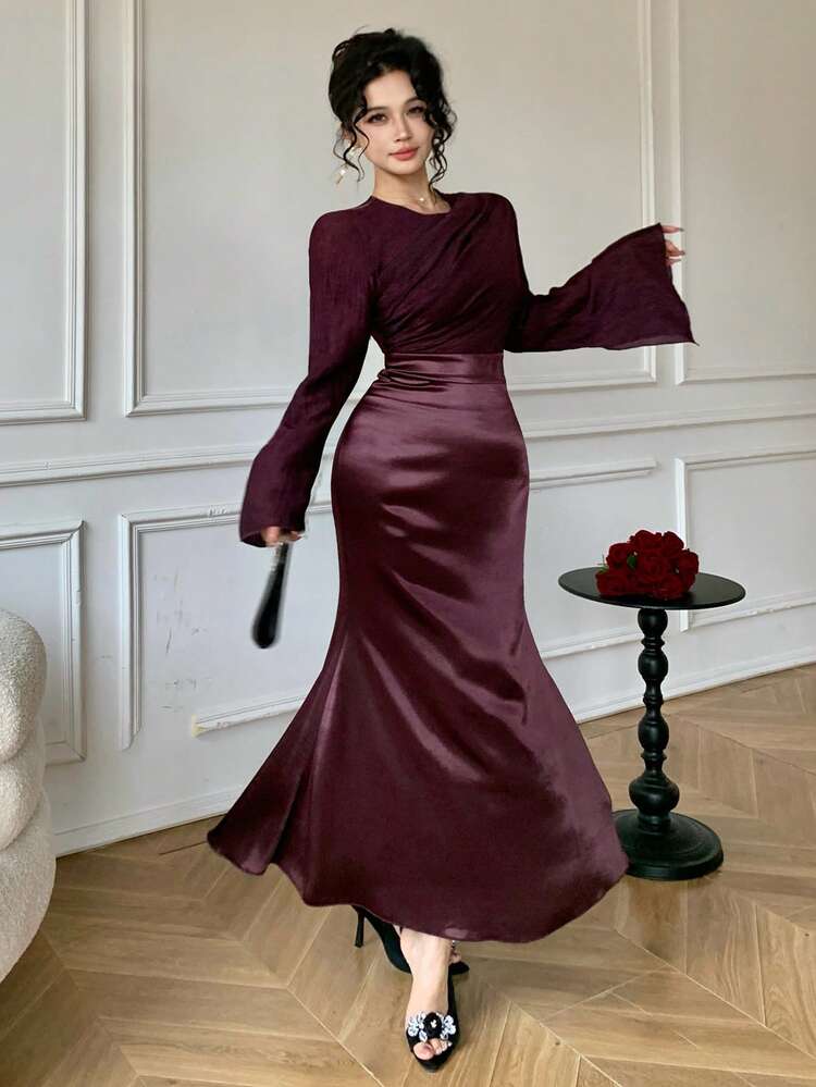 Spring & Summer Fashion Red Satin Texture Elegant Ruched Mermaid Hem Long Sleeve Midi Dress, Suitable For Valentine's Day, Wedding, Casual Wedding Guest Dress Sundress